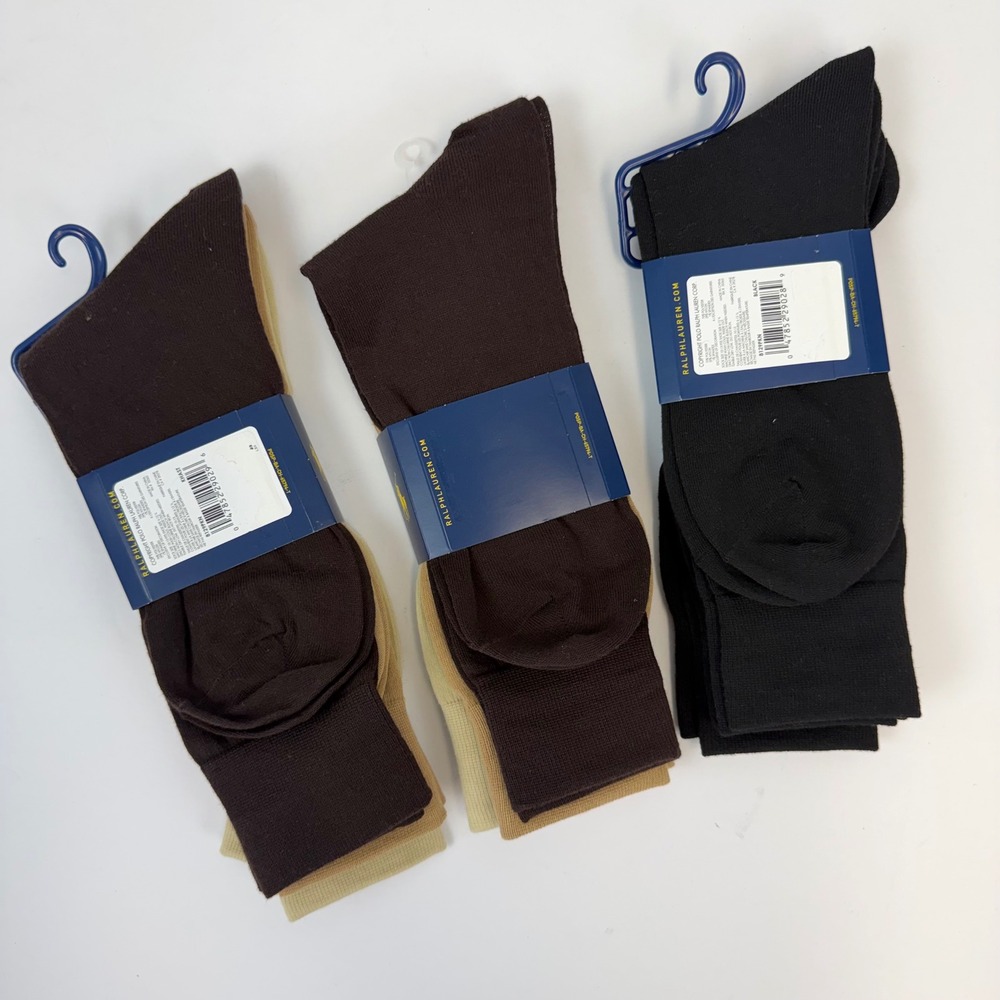 Polo Ralph Lauren Mens Dress Socks 9 Pairs Lot Black Brown Khaki Size 10-13 NEW - Picture 4 of 6